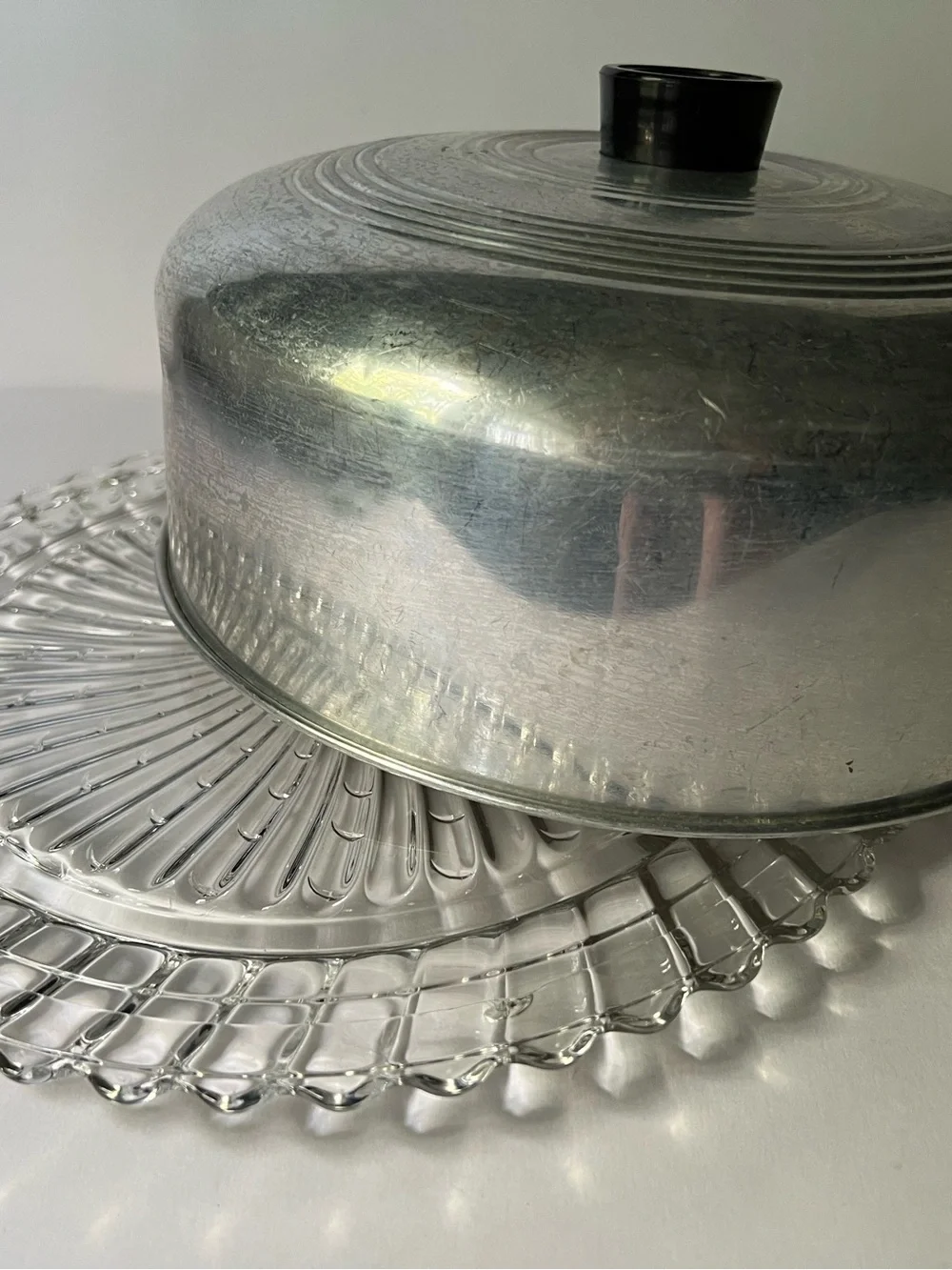 Vintage 40’s-50’s Clear Glass Footed  Cake Plate with Aluminum Metal Dome Cover